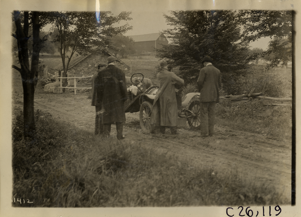 Motorists with Hupmobile automobile on rural road near Budd Lake, 1910 New Jersey Reliability Run