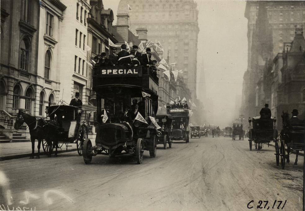 Children and motorists in De Dion double-decker buses, 1909 New York Orphans Day outing