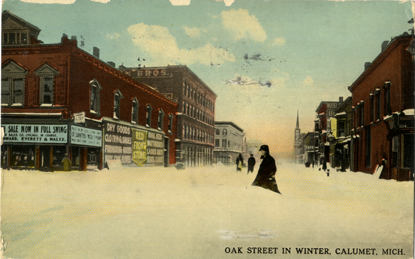 Oak Street in winter, Calumet, Michigan