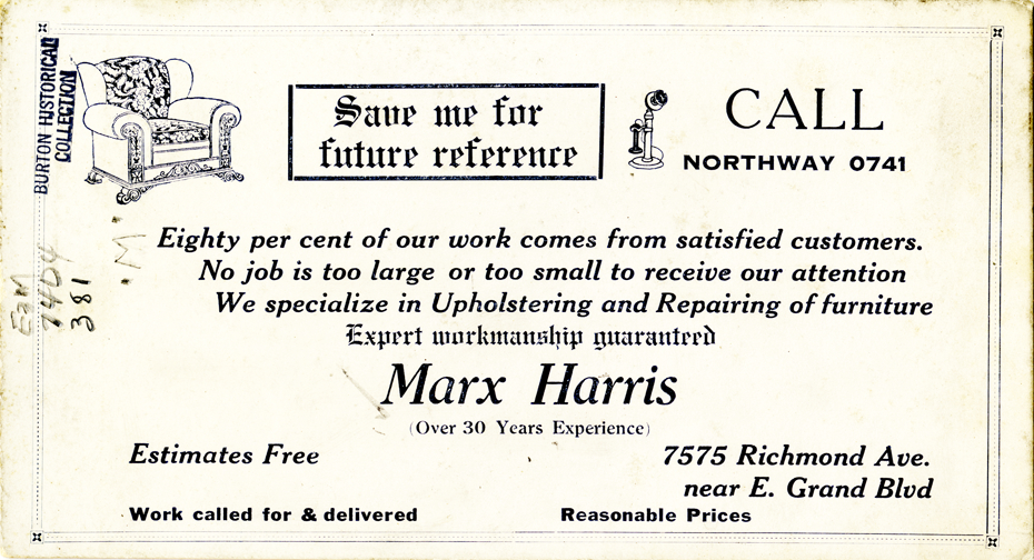 Advertising card for Marx Harris