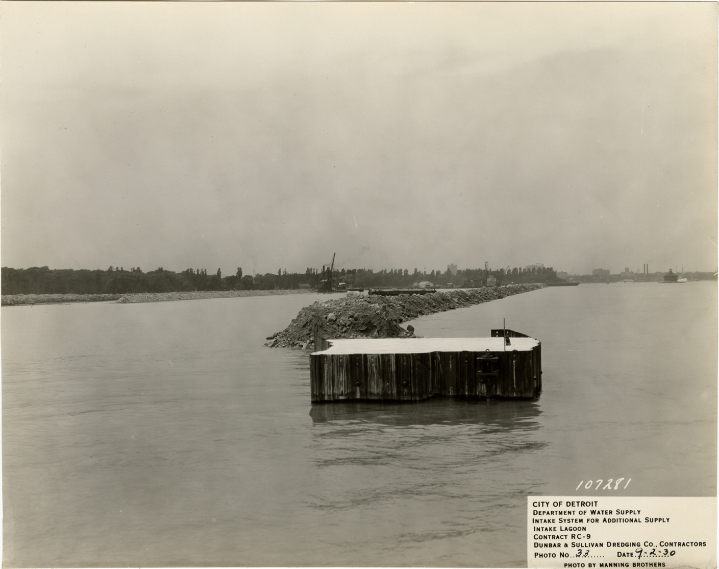 Concrete pier and dike, intake lagoon, Detroit water supply system