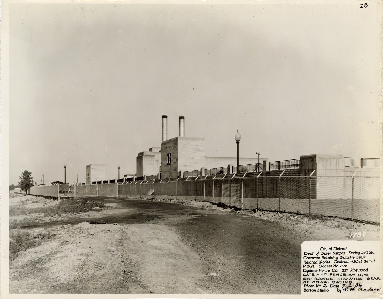 Gate and fence at northwest entrance, Springwells Station, Detroit water supply system