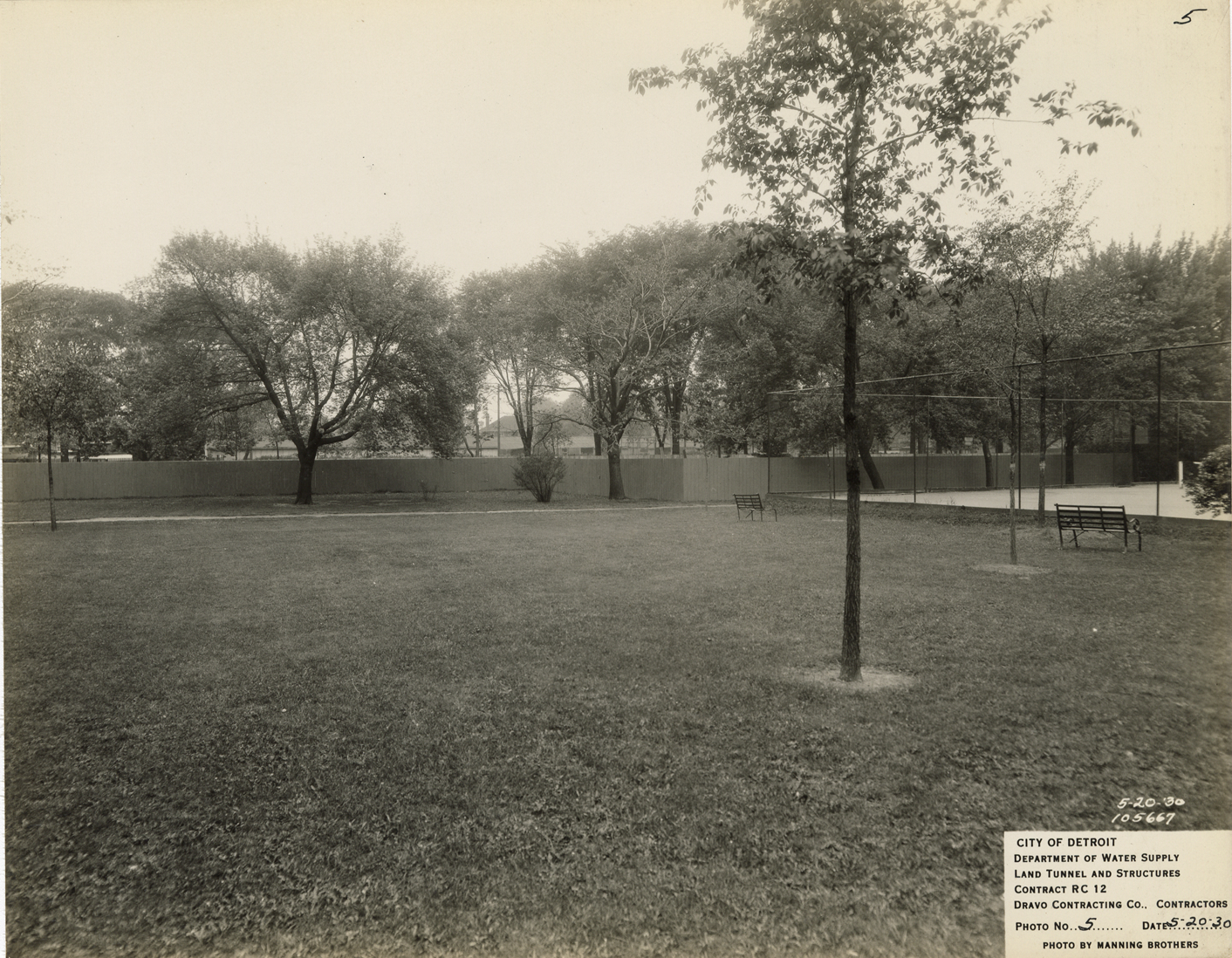 Exterior of fence at south stop log shaft, Waterworks Park, Detroit water supply system