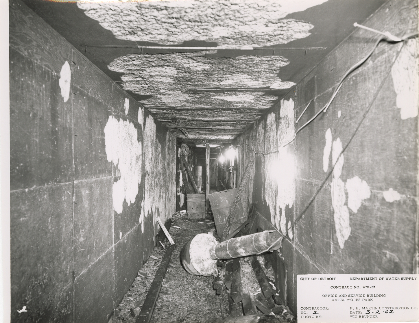 Utility tunnel after fire, Waterworks Park, Detroit water supply system