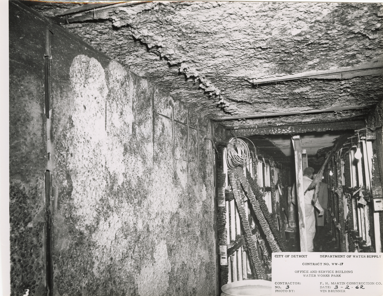 Utility tunnel after fire, Waterworks Park, Detroit water supply system