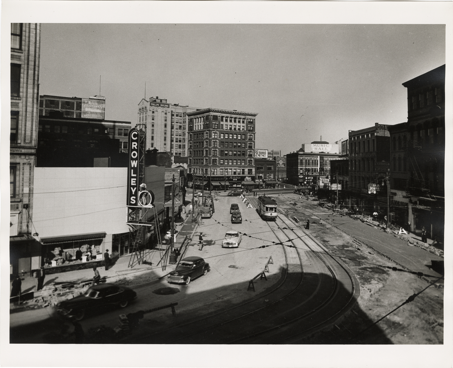 Automobiles and streetcar on Randolph Street