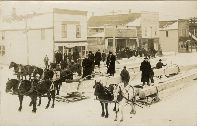 Horse-drawn sleds hauling wooden beams, Mesick, Michigan