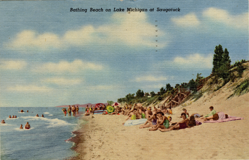 Swimmers on beach, Lake Michigan, Saugatauk, Michigan