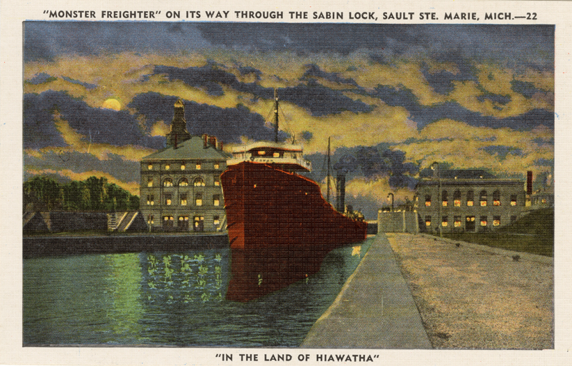 Freighter in Sabin Lock at night, Sault Ste. Marie, Michigan