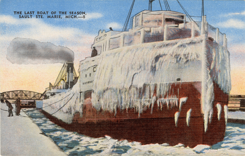 Freighter covered with ice, Soo Locks, Sault Ste. Marie, Michigan