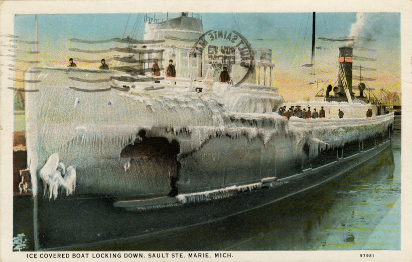 Freighter covered with ice, Soo Locks, Sault Ste. Marie, Michigan