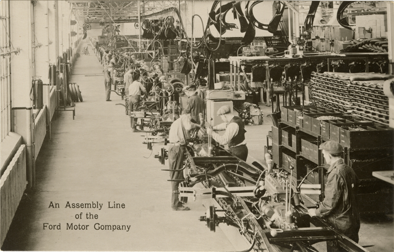 Workers on assembly line at Rouge River Plant, Ford Motor Company