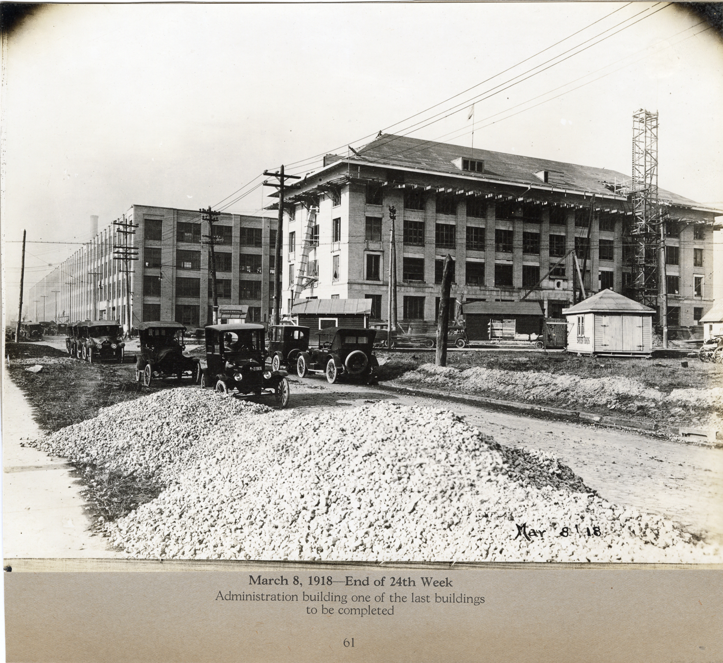 Administration building during construction, Lincoln Motor Company factory