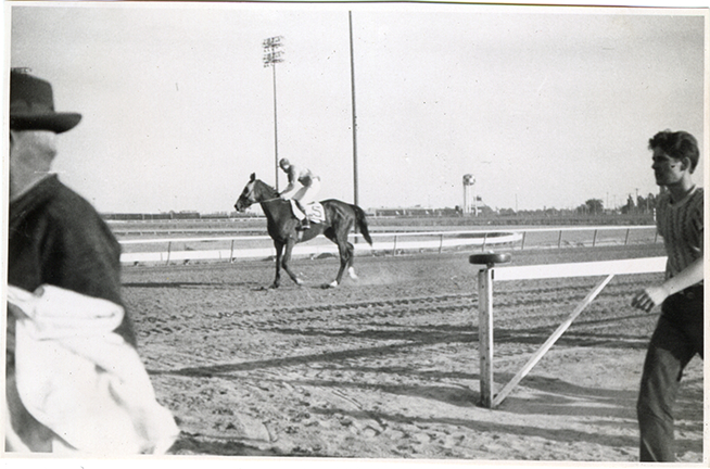 Jockey riding winning horse, Michigan Racing Association racetrack