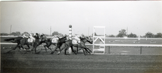 Horses crossing finish line, Hazel Park Raceway