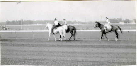 Jockeys walking horses on track, Hazel Park Raceway