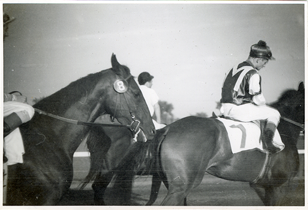 Jockeys walking horses on track, Hazel Park Raceway