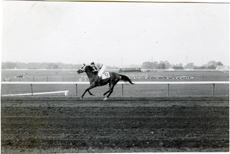 Jockey Gordon McCrosky riding horse "Nostalgic," Hazel Park Raceway