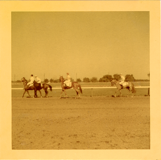 Jockeys walking horses on track, Hazel Park Raceway