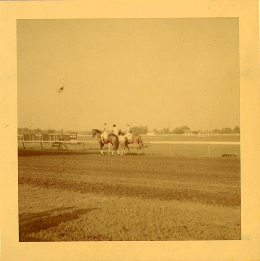 Jockeys walking horses on track, Hazel Park Raceway