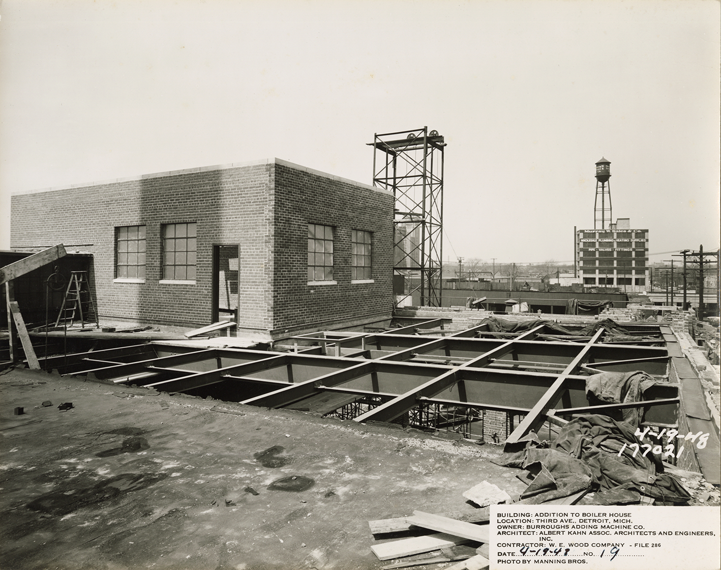 Boiler house addition during construction, Burroughs Adding Machine Company factory