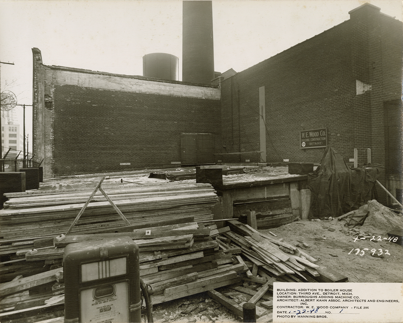 Boiler house addition during construction, Burroughs Adding Machine Company factory