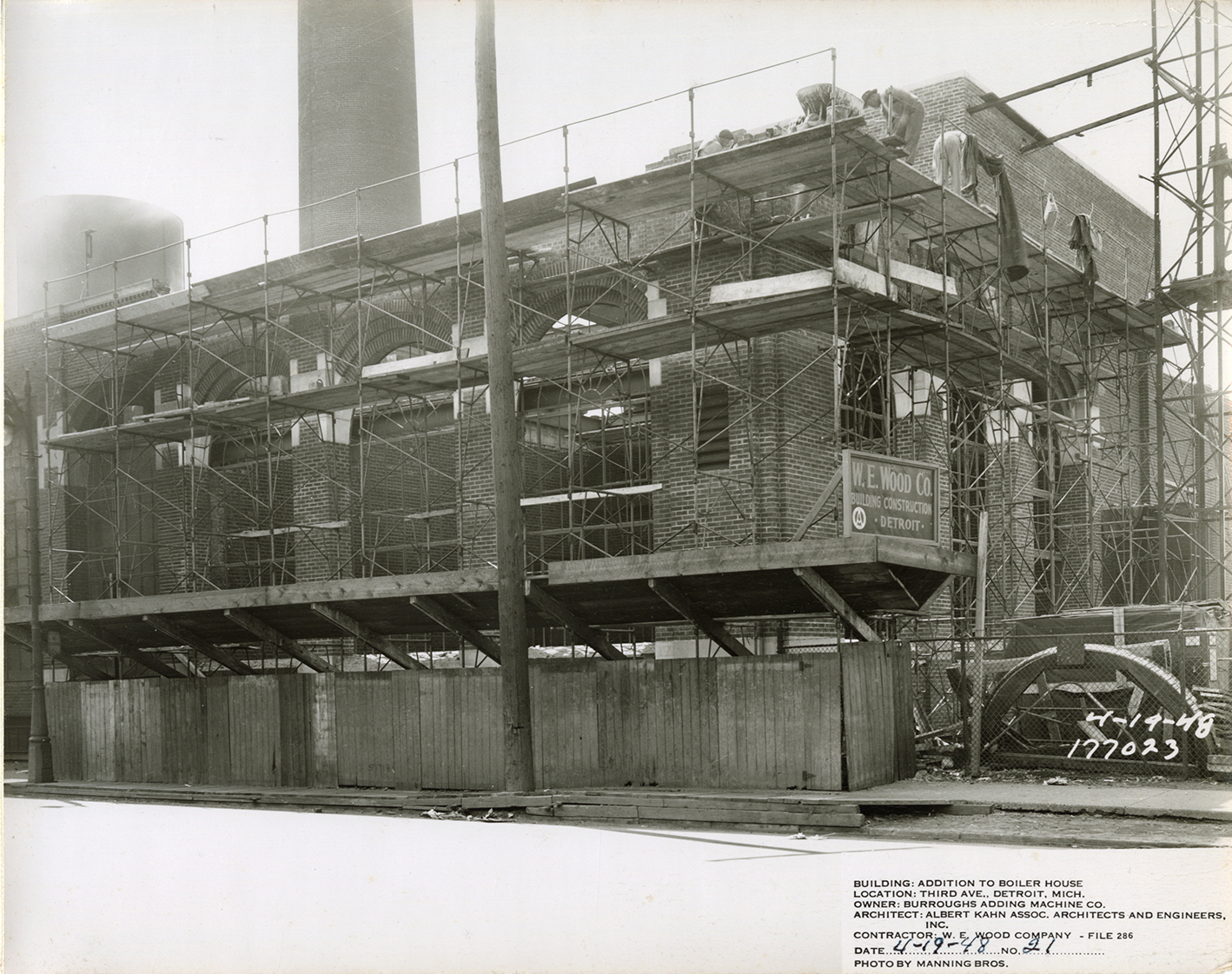 Boiler house addition during construction, Burroughs Adding Machine Company factory