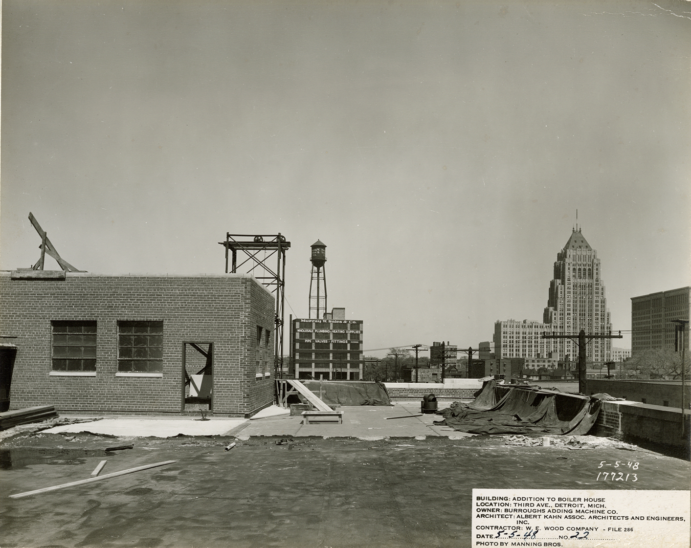 Boiler house addition during construction, Burroughs Adding Machine Company factory