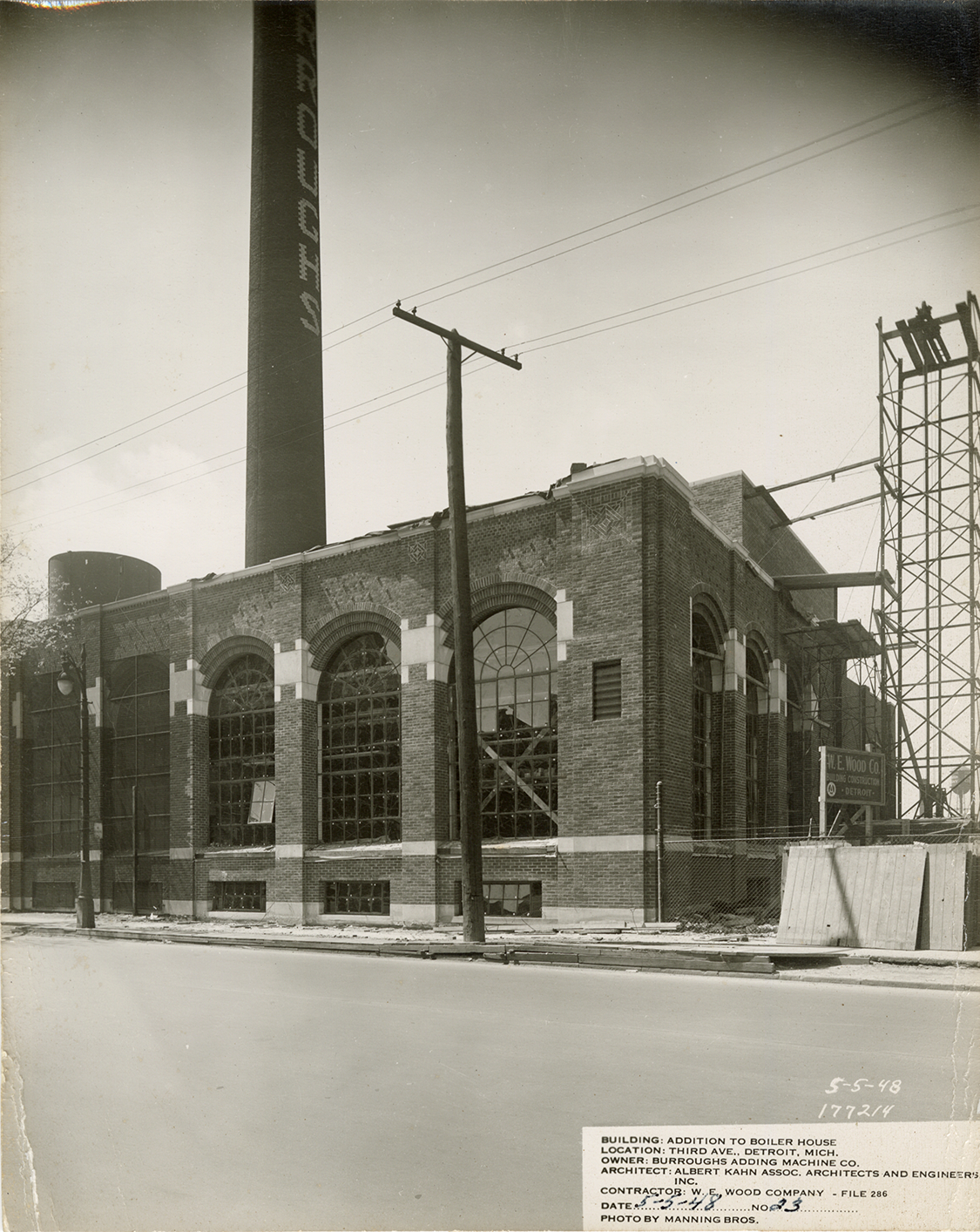 Boiler house addition during construction, Burroughs Adding Machine Company factory