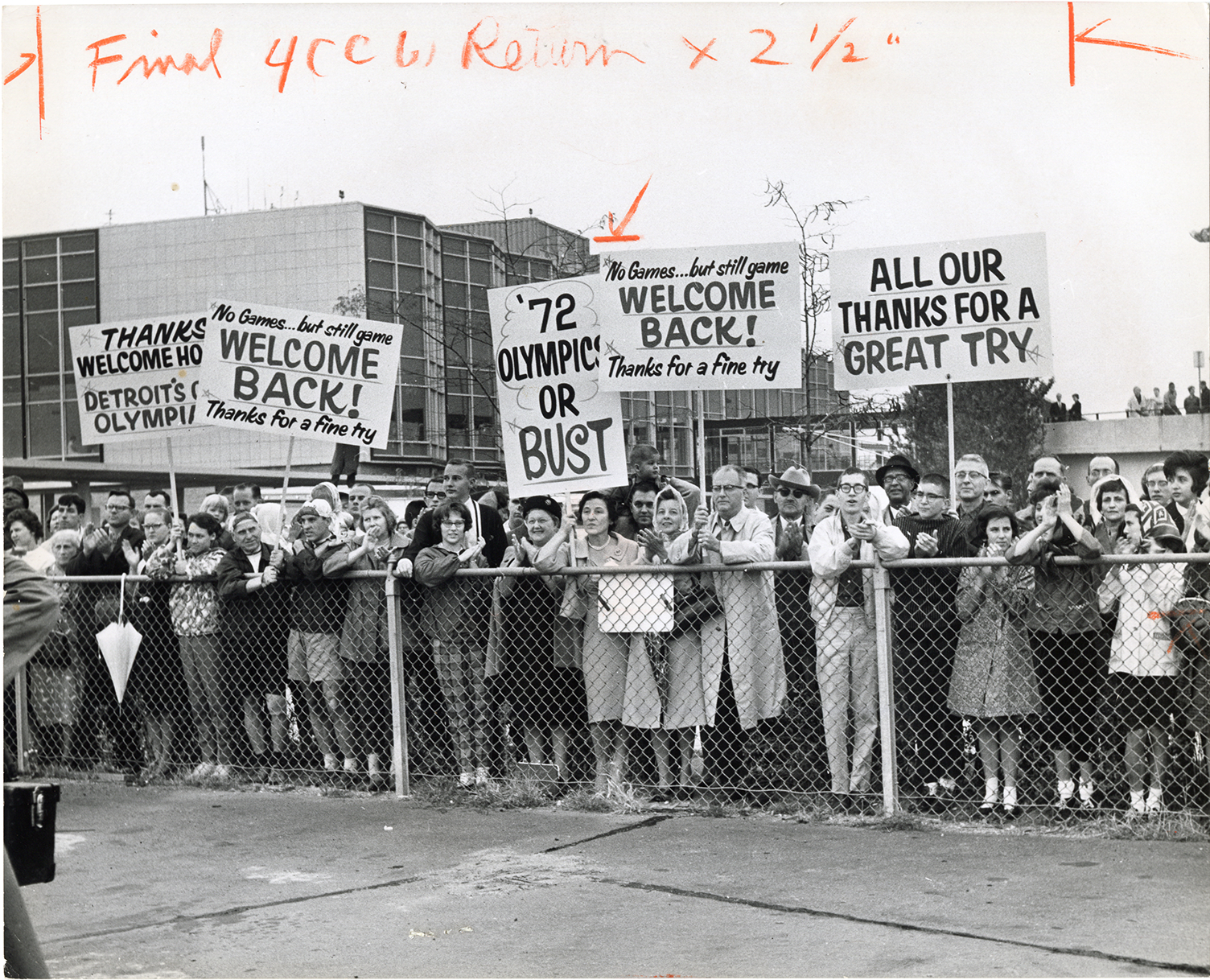 Crowd welcoming George Romney at airport after failed Olympics bid