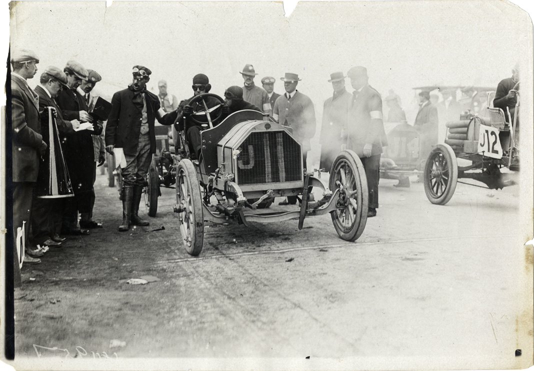 Driver and passenger in 1908 Chalmers-Detroit racecar | DPL DAMS