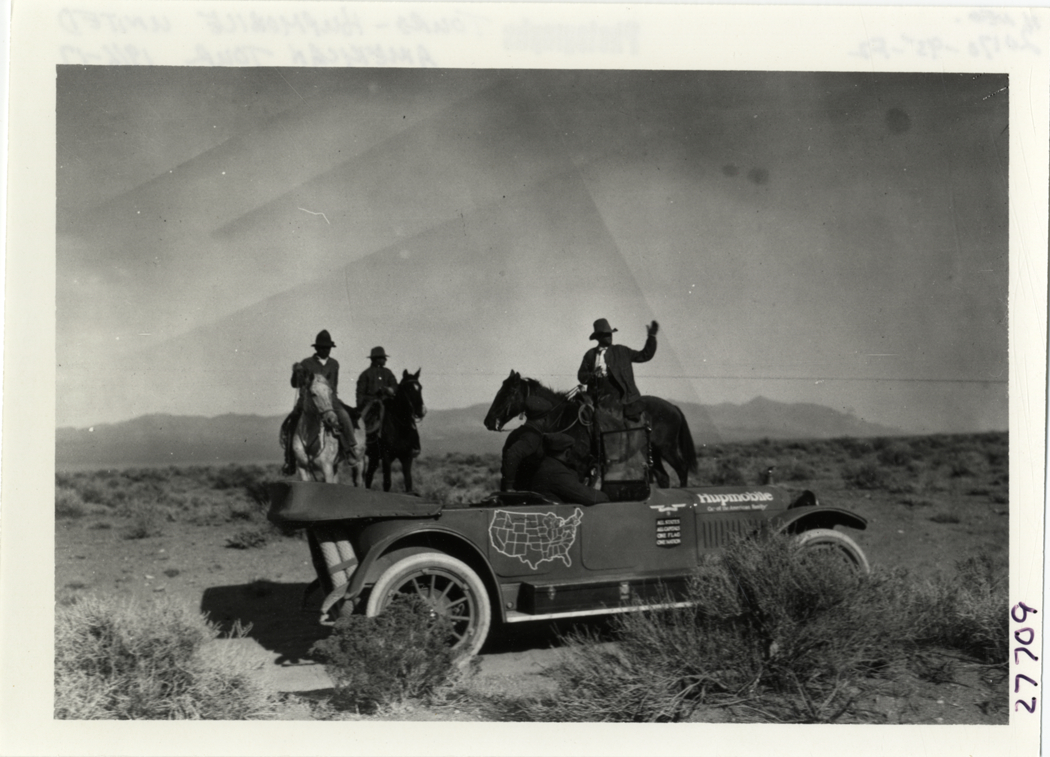 Cowboys greeting motorists in Hupmobile automobile, Hupmobile United ...