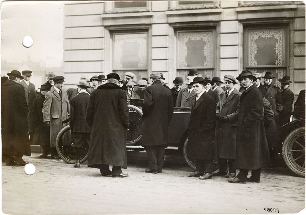 Onlookers surrounding 1914 CarNation automobile DPL DAMS
